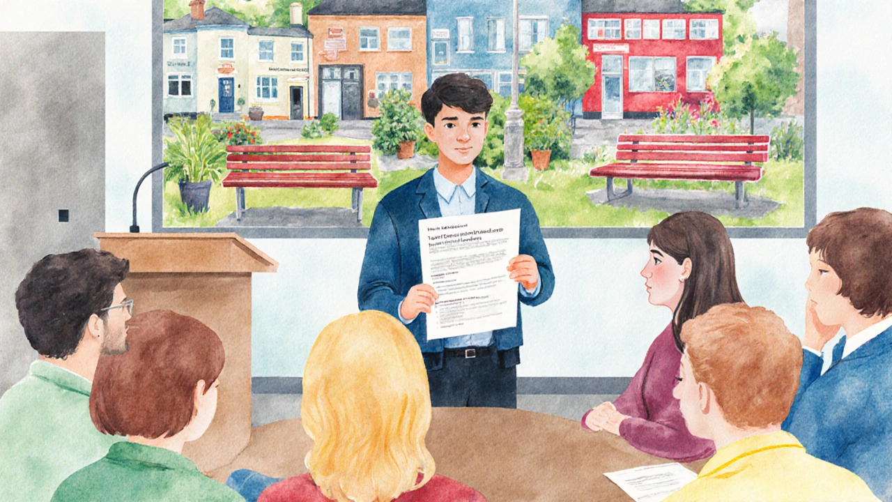 Teenage youth leader presenting a proposal at a city council meeting, adults listening attentively.