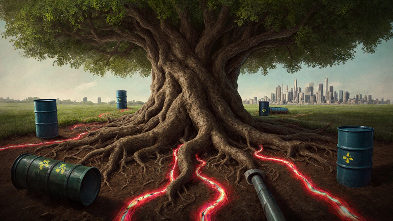 Tree roots entwined with toxic pipes, glowing red leaks, and data streams.