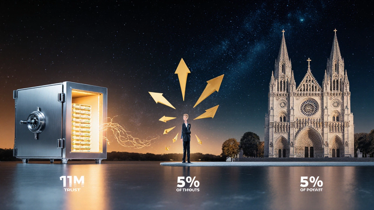 Trust lifecycle from asset transfer to charity legacy under starry sky, no text.