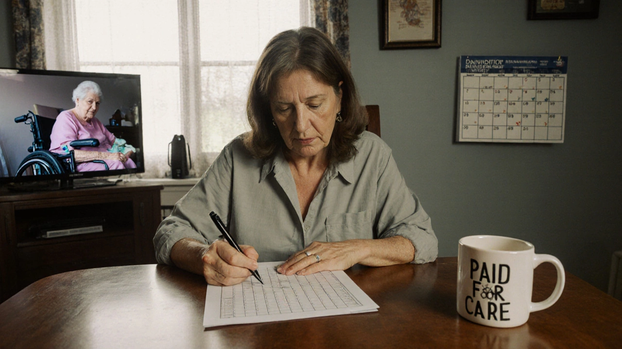Woman filling out a Medicaid timesheet at kitchen table while caring for her mother at home.