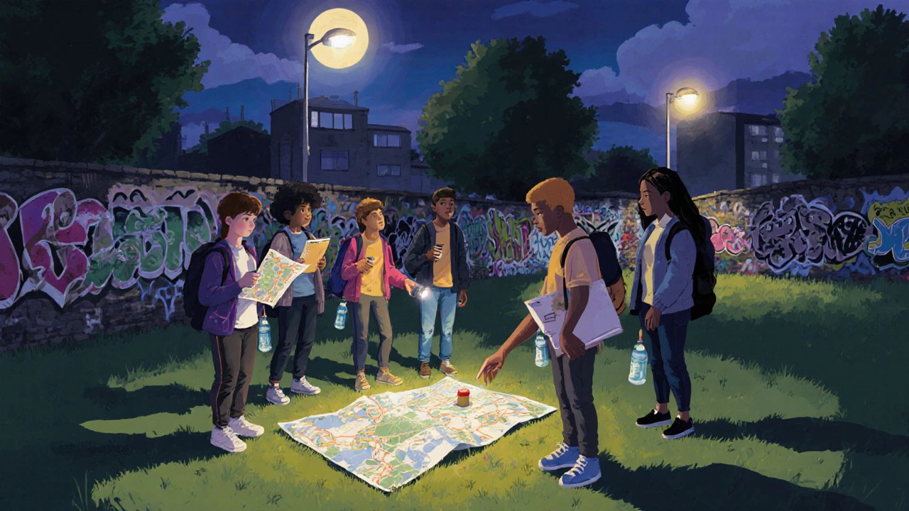 Young people patrol a neighborhood park at night with handmade maps and flashlights.