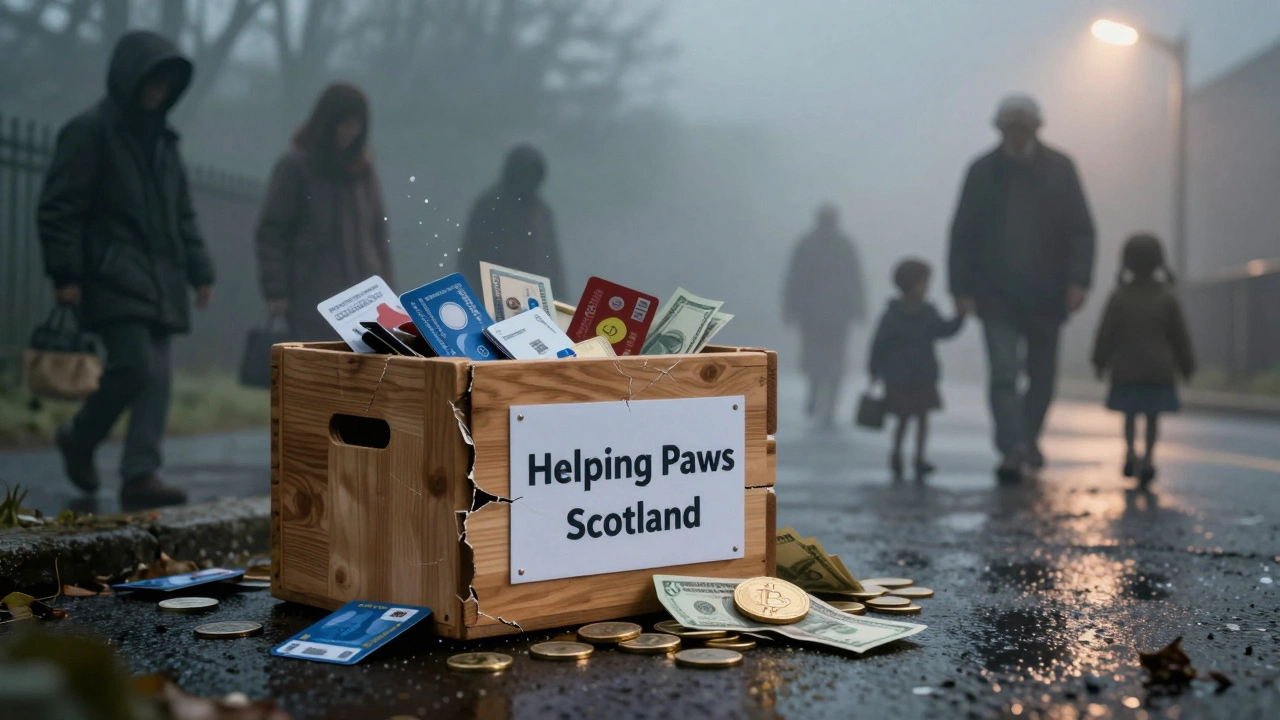 A broken donation box spilling gift cards and crypto coins, with ghostly figures of those in need fading into the background fog.