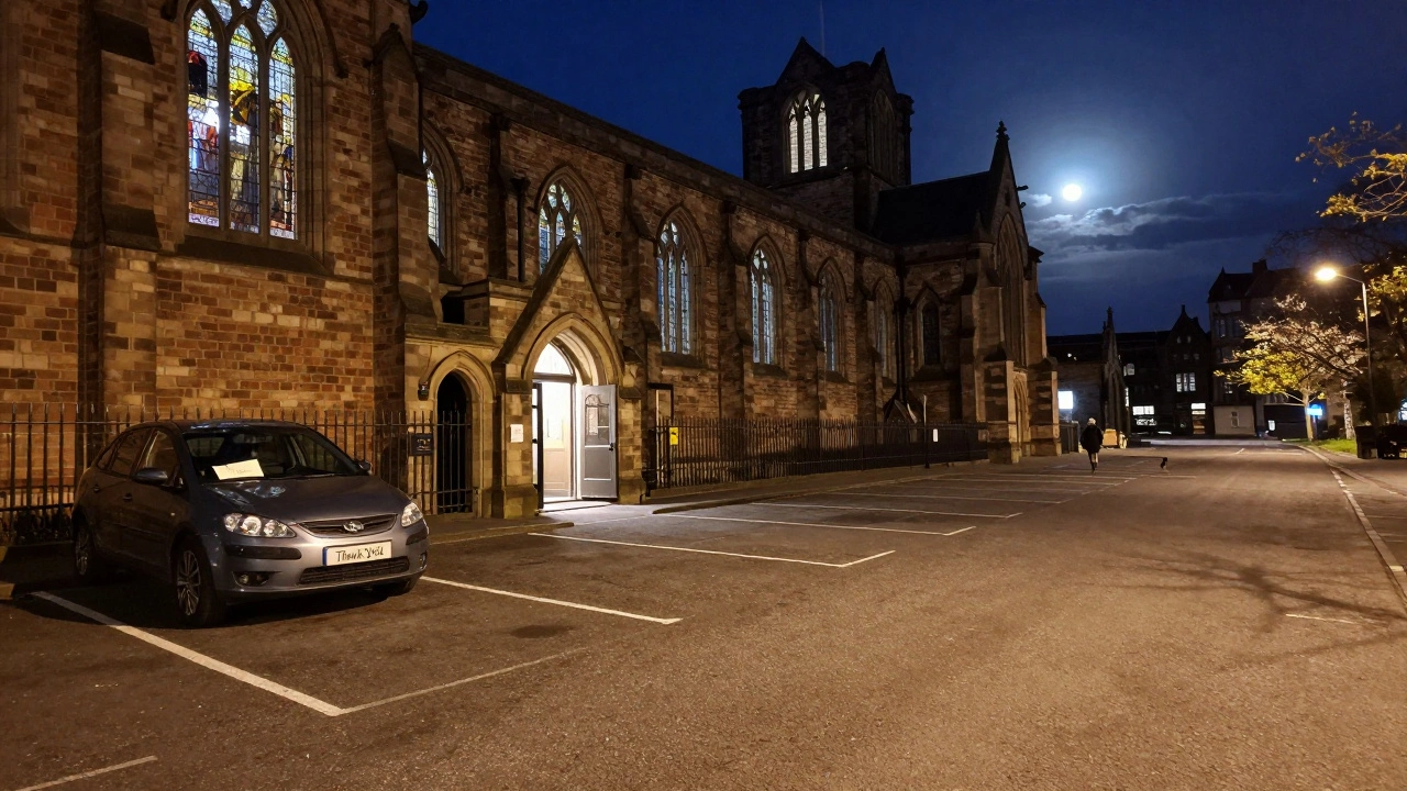 A car parked beside a church at midnight, peaceful and respectful atmosphere with soft glowing windows.