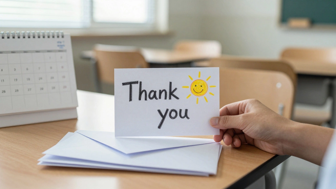 A child&#039;s hand-drawn thank you card on a cluttered desk, surrounded by unopened letters.