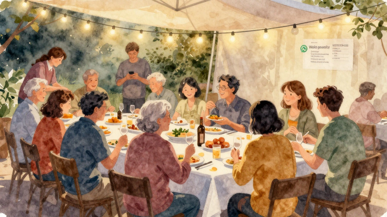 A diverse group shares a meal at a community table under string lights, with pets and children present, in a warm evening setting.