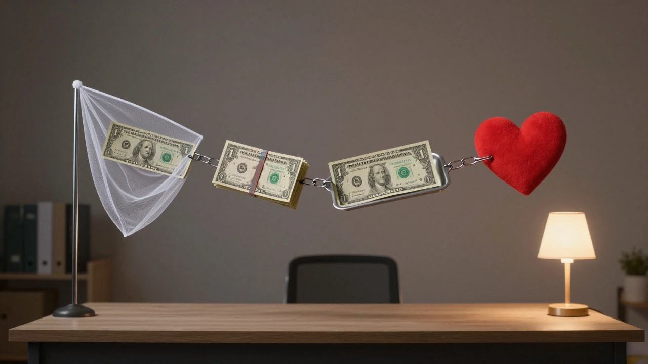 A dollar bill transforming into a chain of humanitarian outcomes: net, book, meal, and heart.