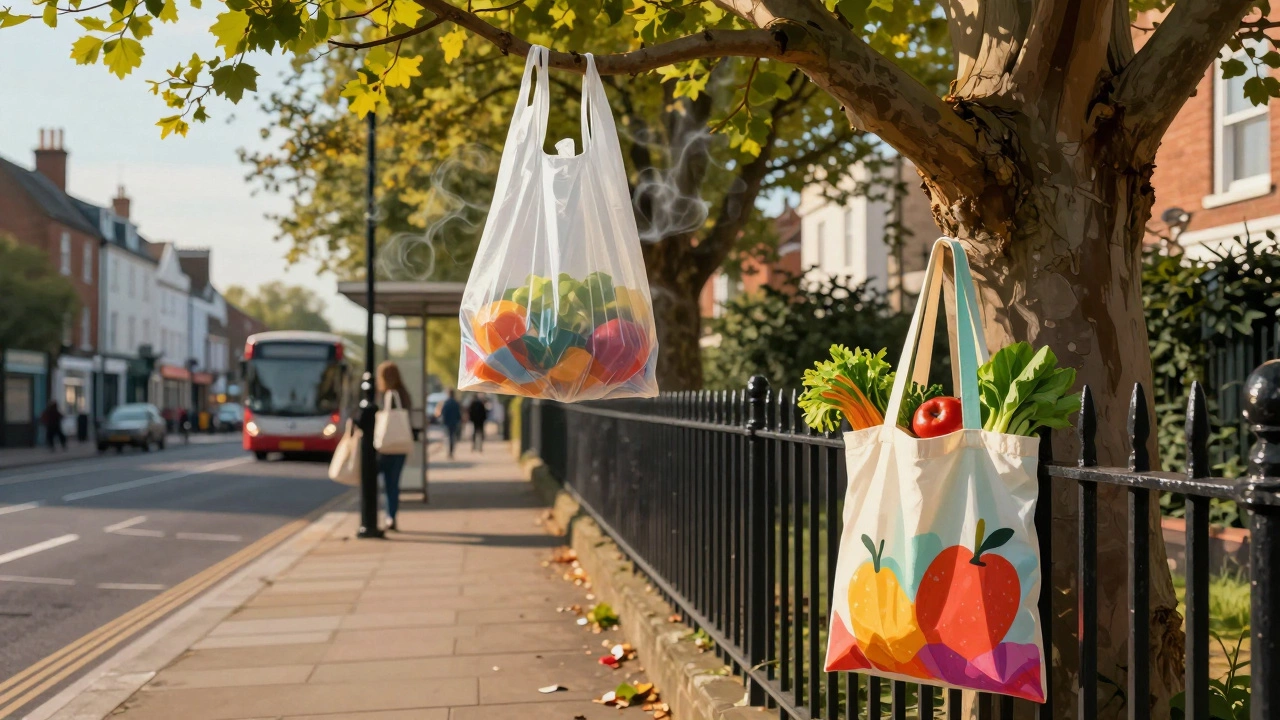 A faded plastic bag caught in a tree, contrasted with a bright reusable tote on a fence in a clean UK street.
