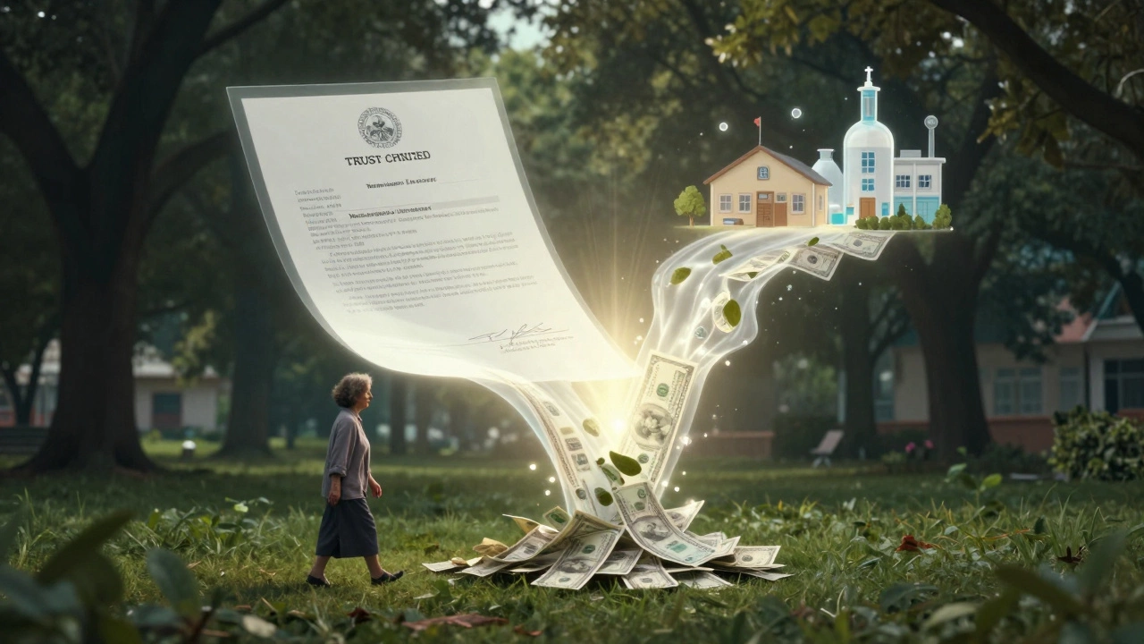 A glowing trust document splitting into income for a person and light for multiple charities.