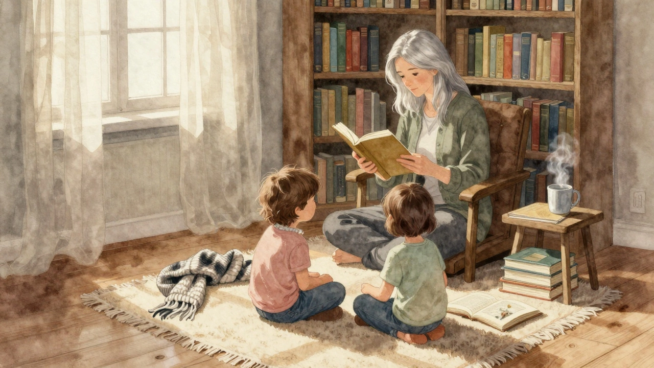 A grandmother reading a book to two children in a sunlit library corner.