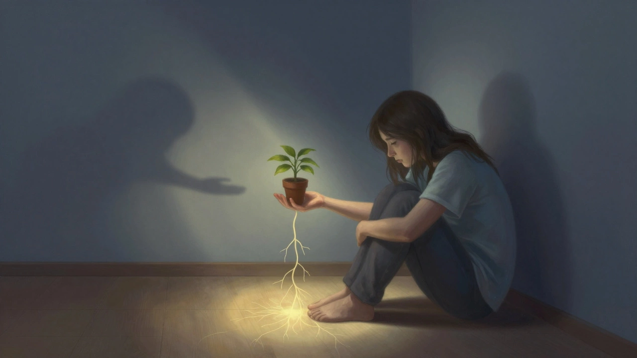 A person in a dark room with fading shadows, holding a glowing plant symbolizing the peace from volunteering.