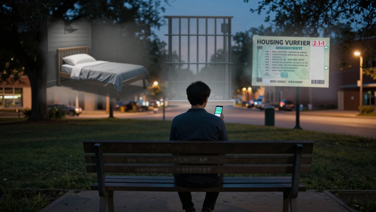 A person on a park bench at night, holding a phone with 2-1-1 displayed, surrounded by fading images of shelter, jail, and housing.