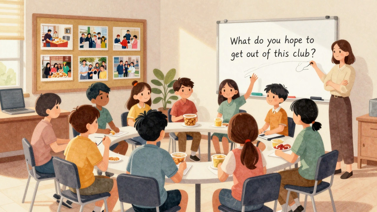 A small group of students in a circle during a club meeting, with a whiteboard and teacher watching.