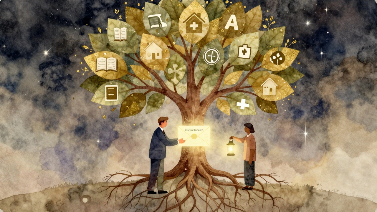 A symbolic tree with roots as a vault and leaves representing charity causes, under a starry sky.