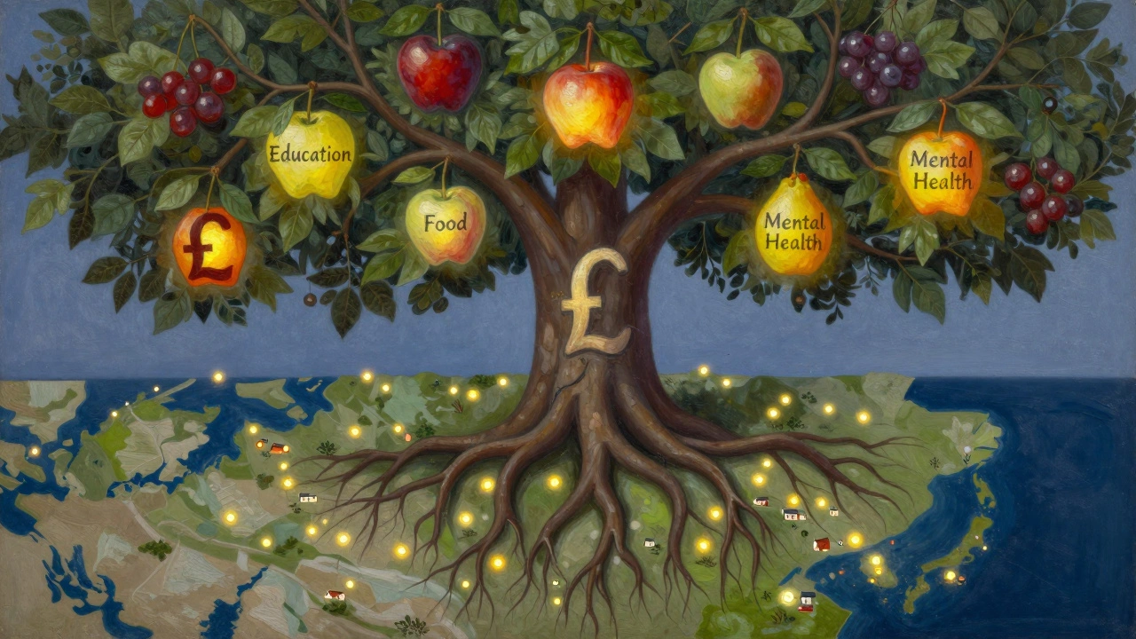 A tree with pound-sign roots and charitable fruit, glowing over a map of Scotland&#039;s community trust sites.