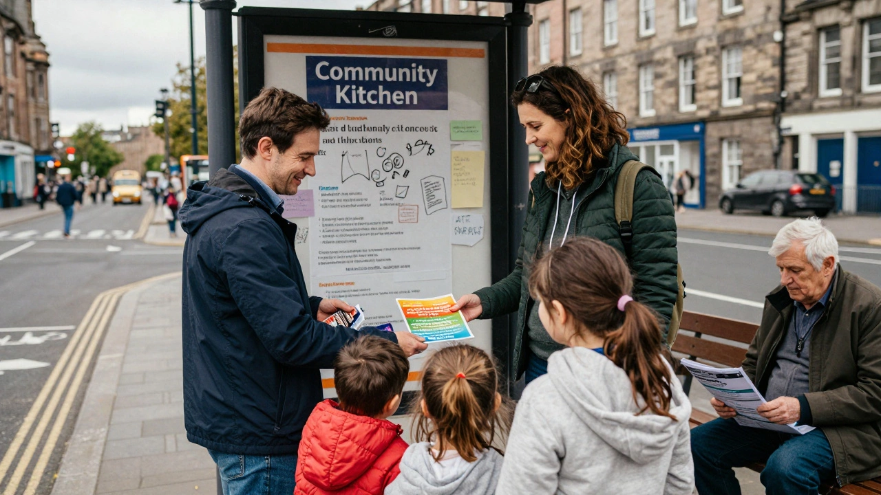 A volunteer gives a multilingual flyer to a family at a bus stop, with a community kitchen poster taped to a lamppost.