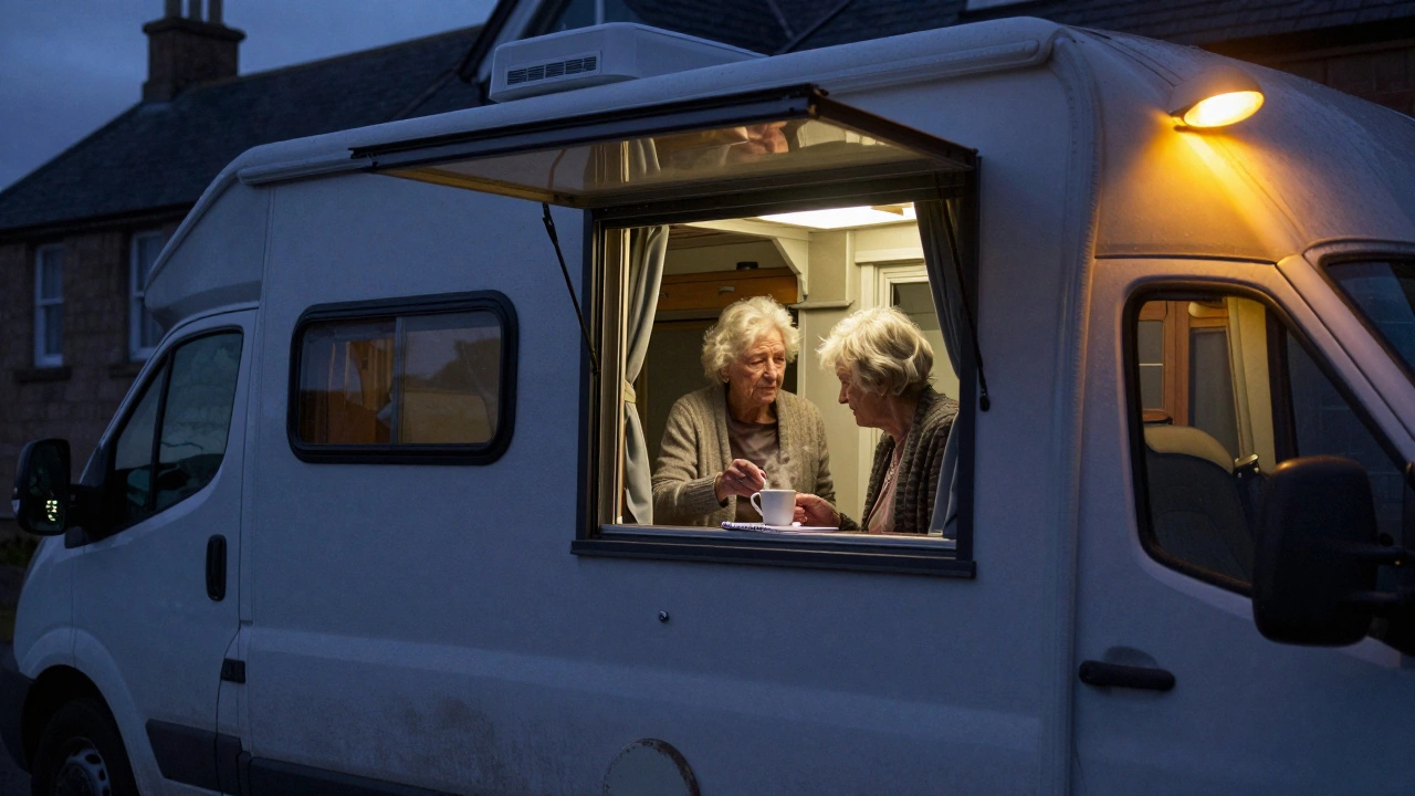 A volunteer offering tea to an elderly resident through a window at dusk, no equipment in sight.