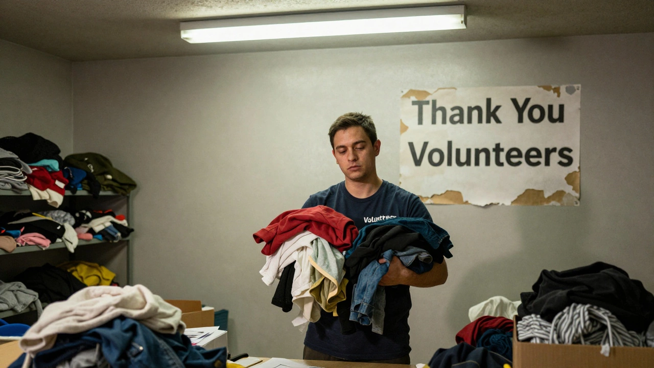 A volunteer overwhelmed with donated items in a cluttered community storage room.