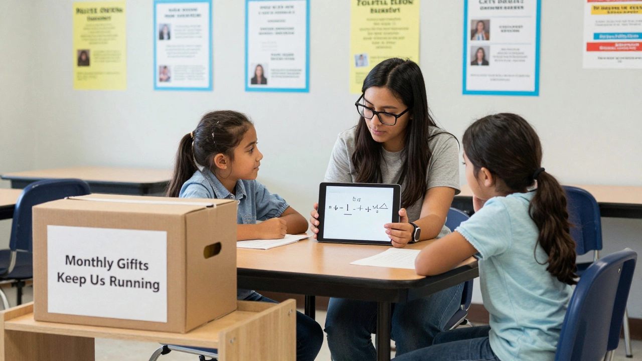 A volunteer tutoring children in a bright after-school center, focused on math lessons.