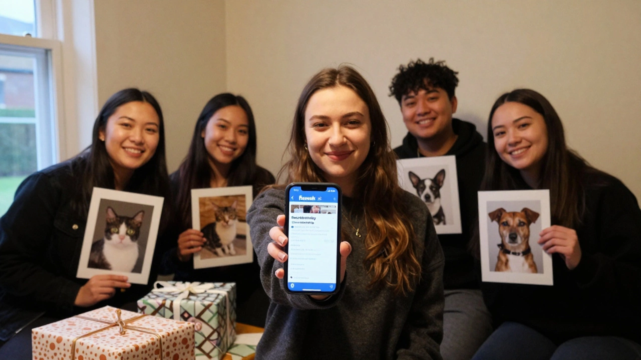 A young woman showing her phone with a birthday fundraiser page for an animal shelter.