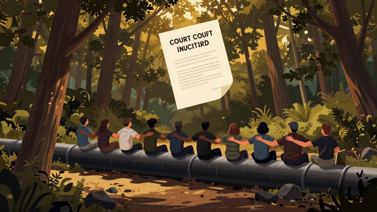 Activists protesting a coal pipeline by sitting in trees, with legal documents nearby.