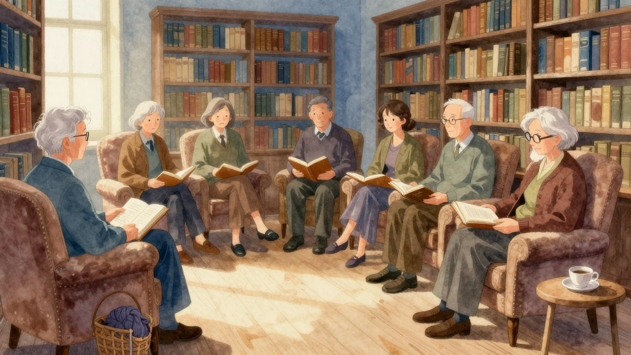 An elderly book club reading aloud in a library annex, surrounded by shelves of old books.