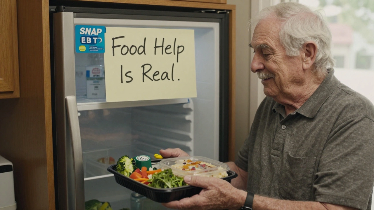 An elderly man receiving a Meals on Wheels meal from a volunteer in his kitchen.