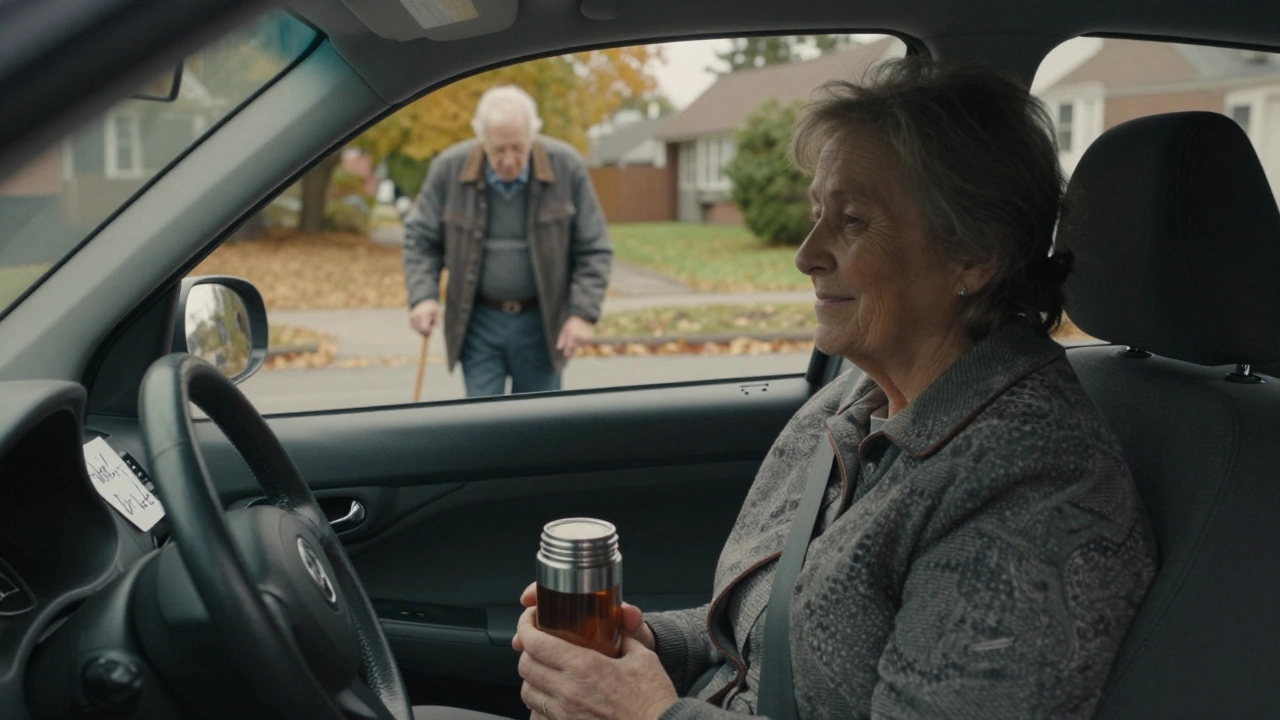 An elderly woman picking up a senior neighbor for a medical appointment in a quiet neighborhood.