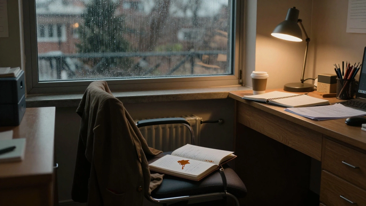 An empty volunteer desk with a tear-stained journal and cold coffee cup, rain outside the window.