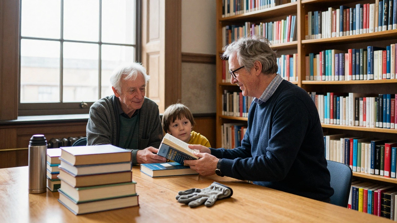 An older volunteer handing a book to a child in a sunlit library, surrounded by shelves of donated books.