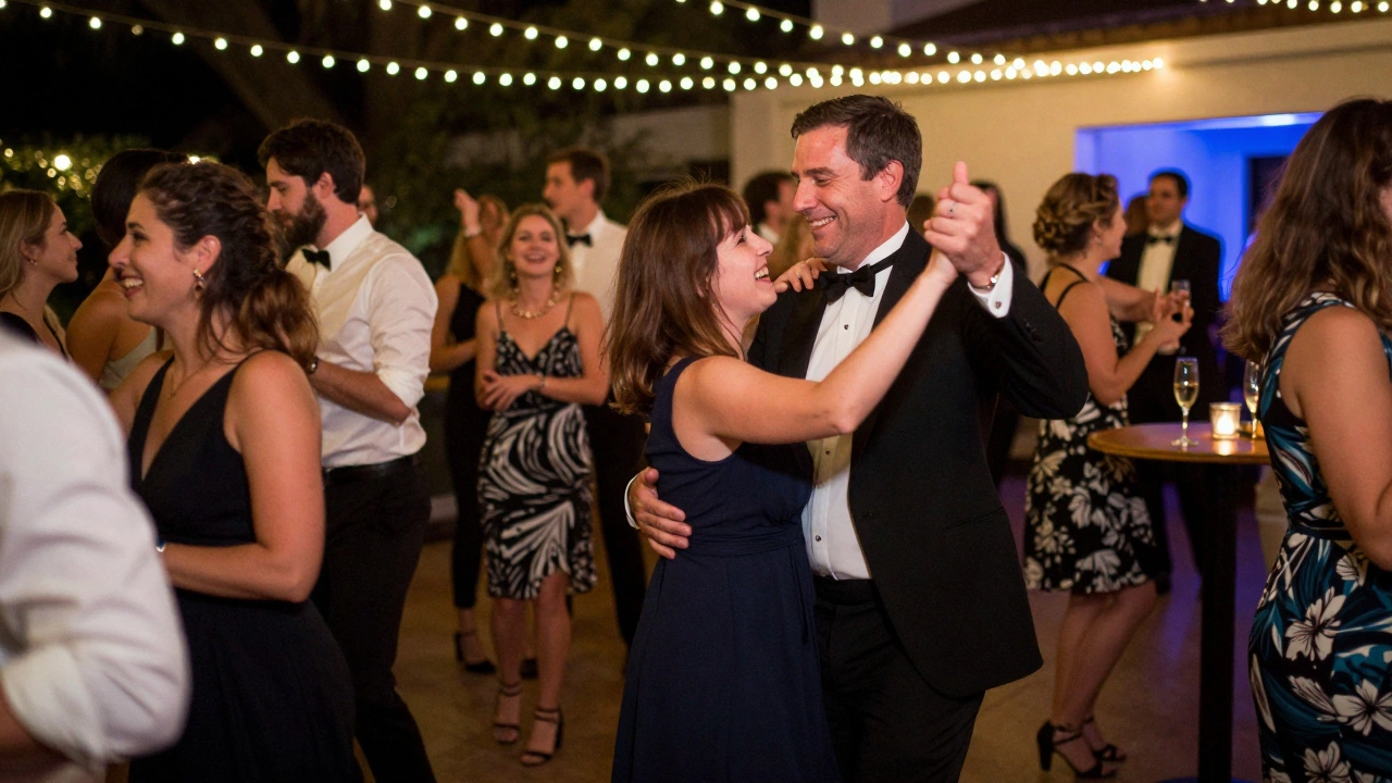 Dancers laugh and move together on a lit floor after a charity gala, celebrating with joy and connection.
