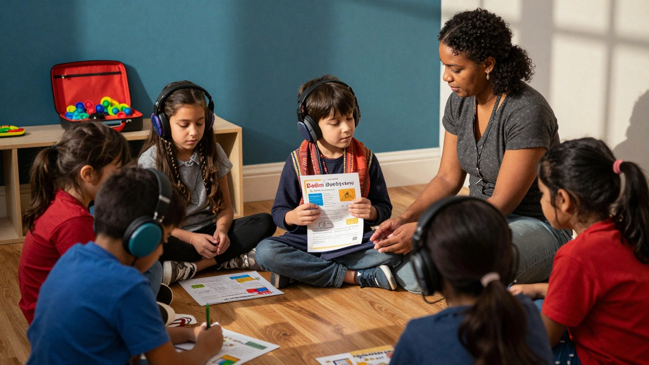 Diverse children in a community club, one using noise-canceling headphones, another holding a translated notice with a staff member nearby.