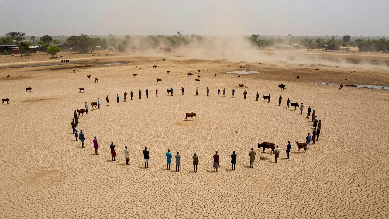 Dry, cracked farmland with desperate farmers near a vanished lake under a dust storm.