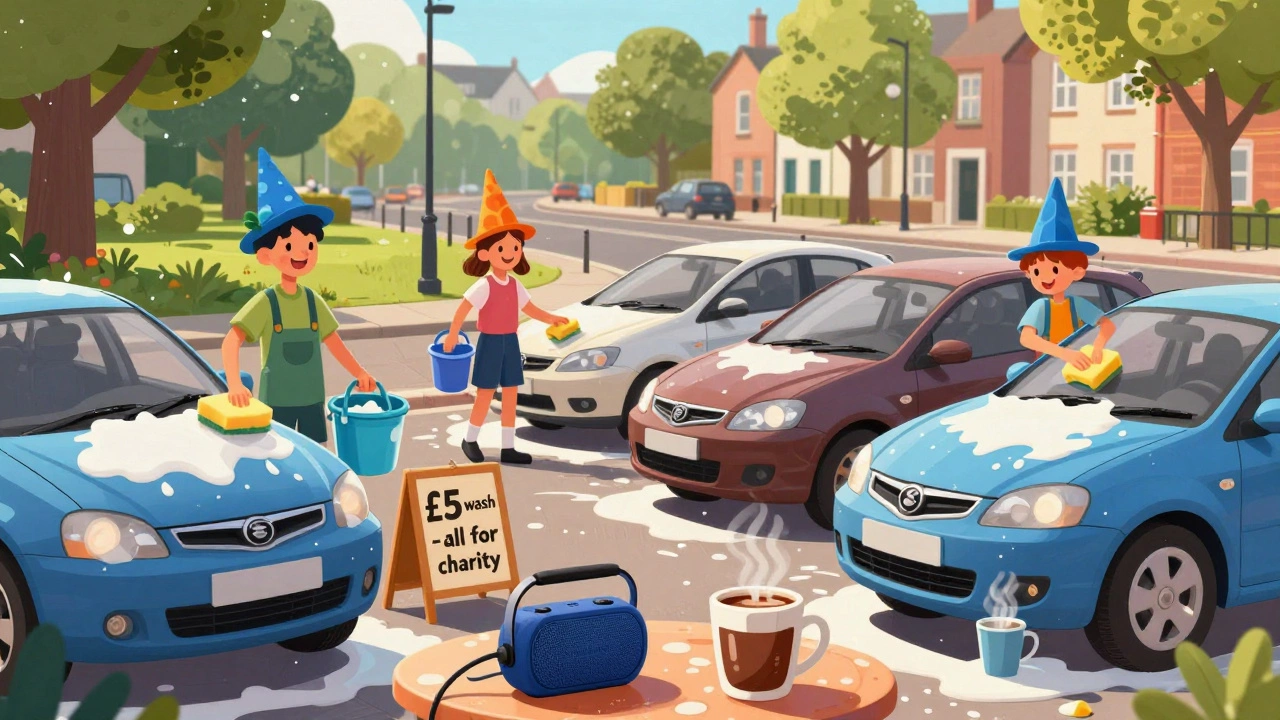 Friends washing cars with silly hats and hot chocolate at a weekend charity car wash.