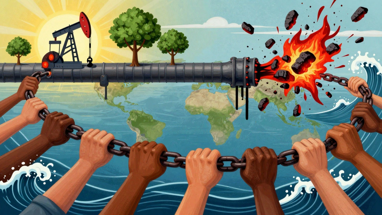 Global network of hands dismantling a fossil fuel pipeline with nature rising from debris.