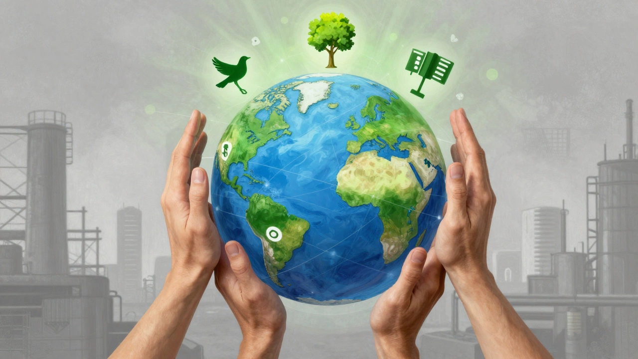 Hands forming a network around a globe with symbols of conservation, law, and activism.