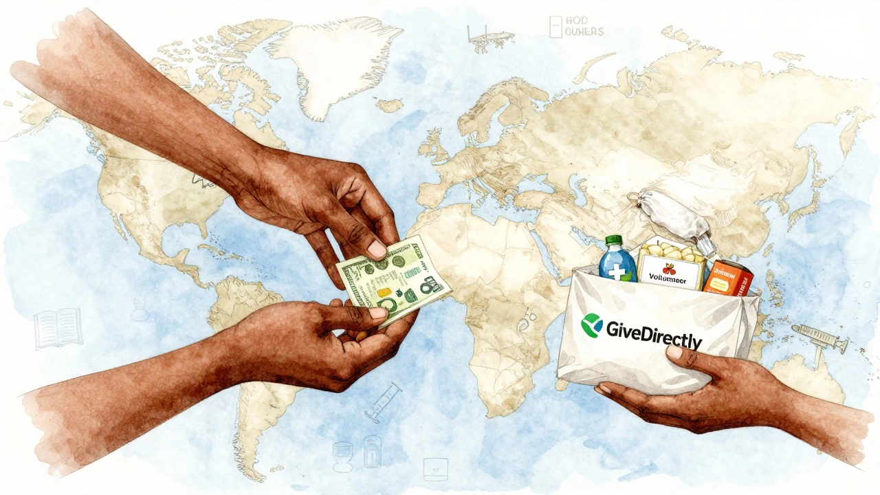 Hands reaching across a map, exchanging cash and food between global and local communities.
