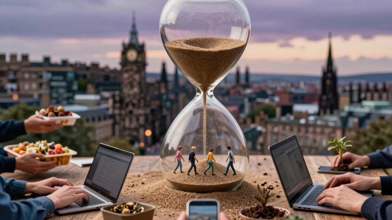 Hourglass filled with tiny volunteers, symbolizing diverse ways people give time.