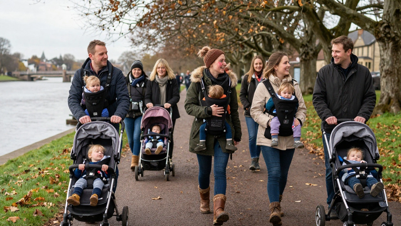 Parents walking with strollers along a tree-lined path, smiling and talking in morning light.