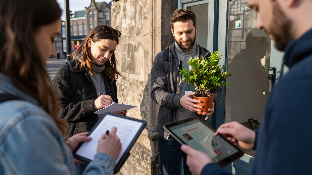 People quietly engaging in small volunteer tasks like writing notes and updating social media outside a mental health center.