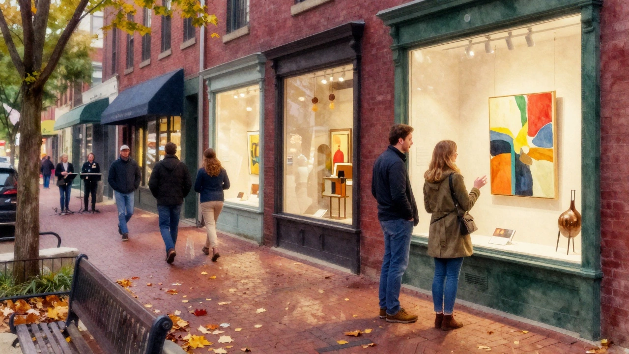 People strolling past art galleries during Richmond&#039;s monthly First Friday Art Walk.