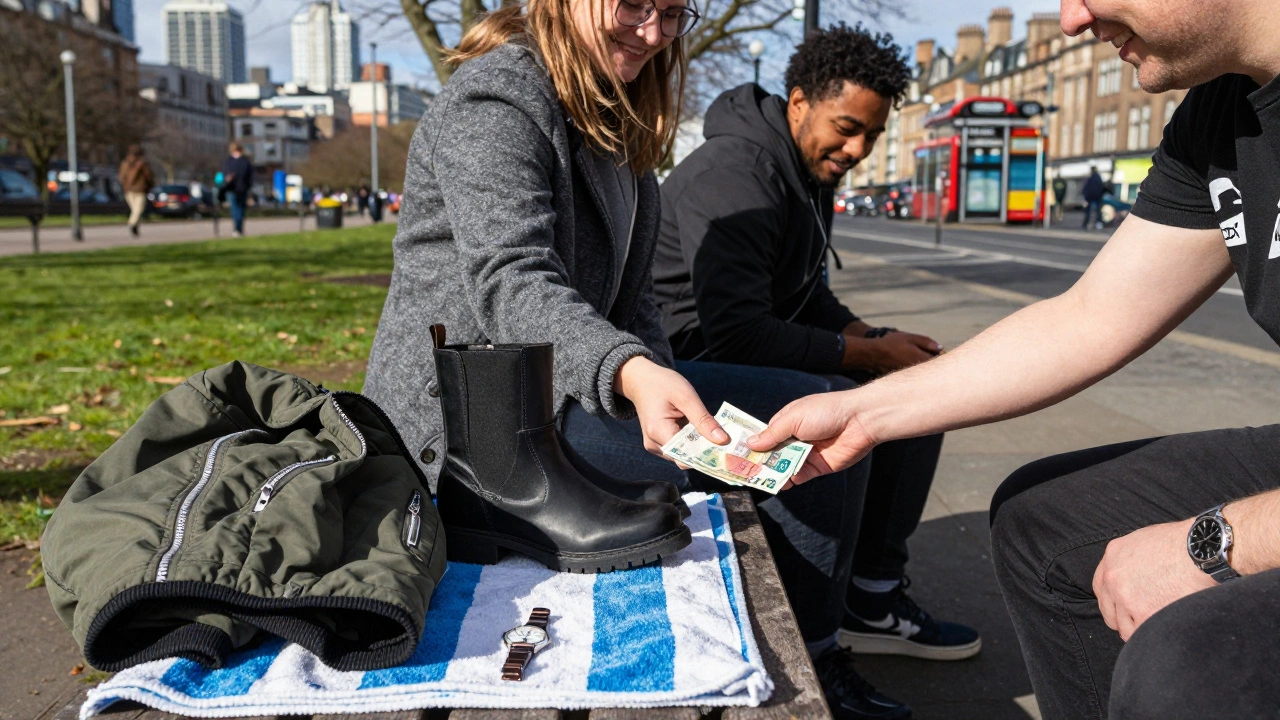People trading belongings for cash on a park bench in Glasgow
