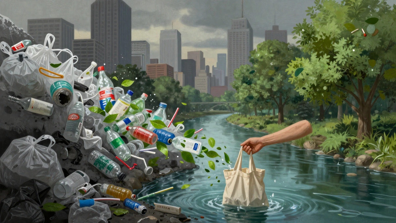 Plastic waste transforming into eco-friendly alternatives flowing toward a green city skyline.
