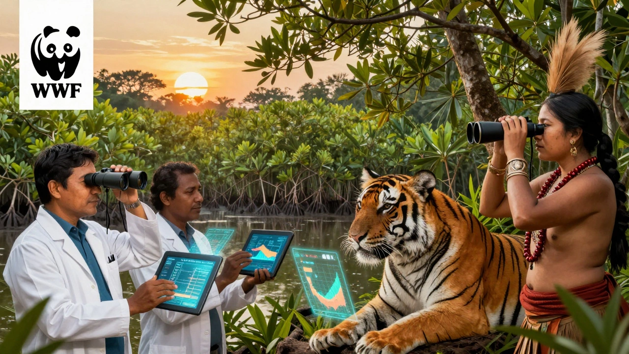 Scientists and Indigenous people monitoring a tiger in Nepal using technology and binoculars.