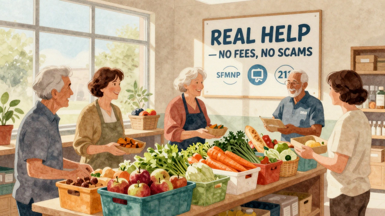 Seniors selecting fresh food at a community pantry with a &#039;Real Help&#039; poster.