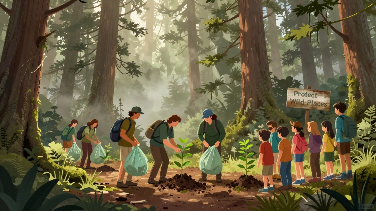 Sierra Club volunteers hiking and planting trees in a misty forest with children watching.