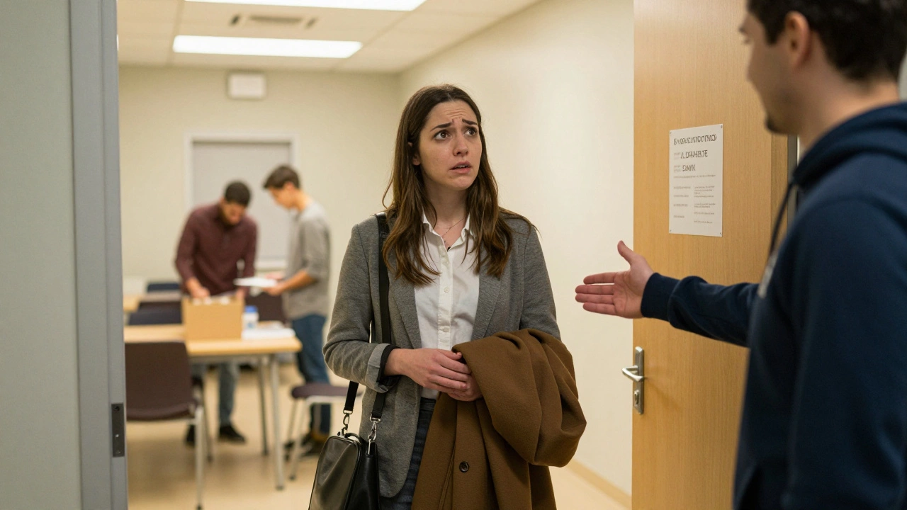 Someone hesitates at a community center entrance, offered a welcoming hand by a volunteer.