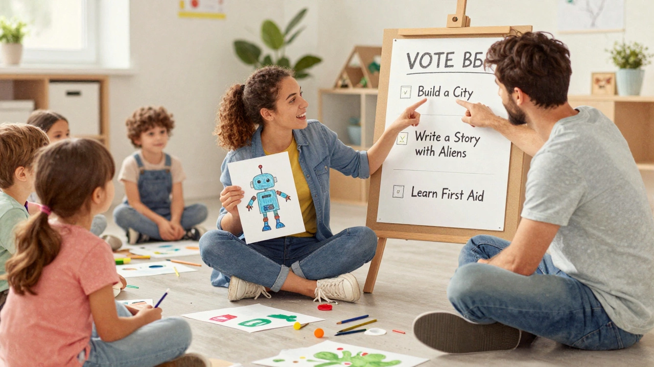 Staff and children gathered around a weekly activity vote board with cardboard creations and art supplies nearby.