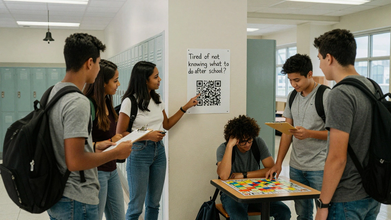 Students talking near a simple club poster in a school hallway during lunch.