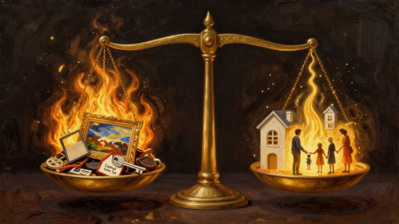 Symbolic balance showing appreciated assets avoiding capital gains tax by entering a charitable trust vault.