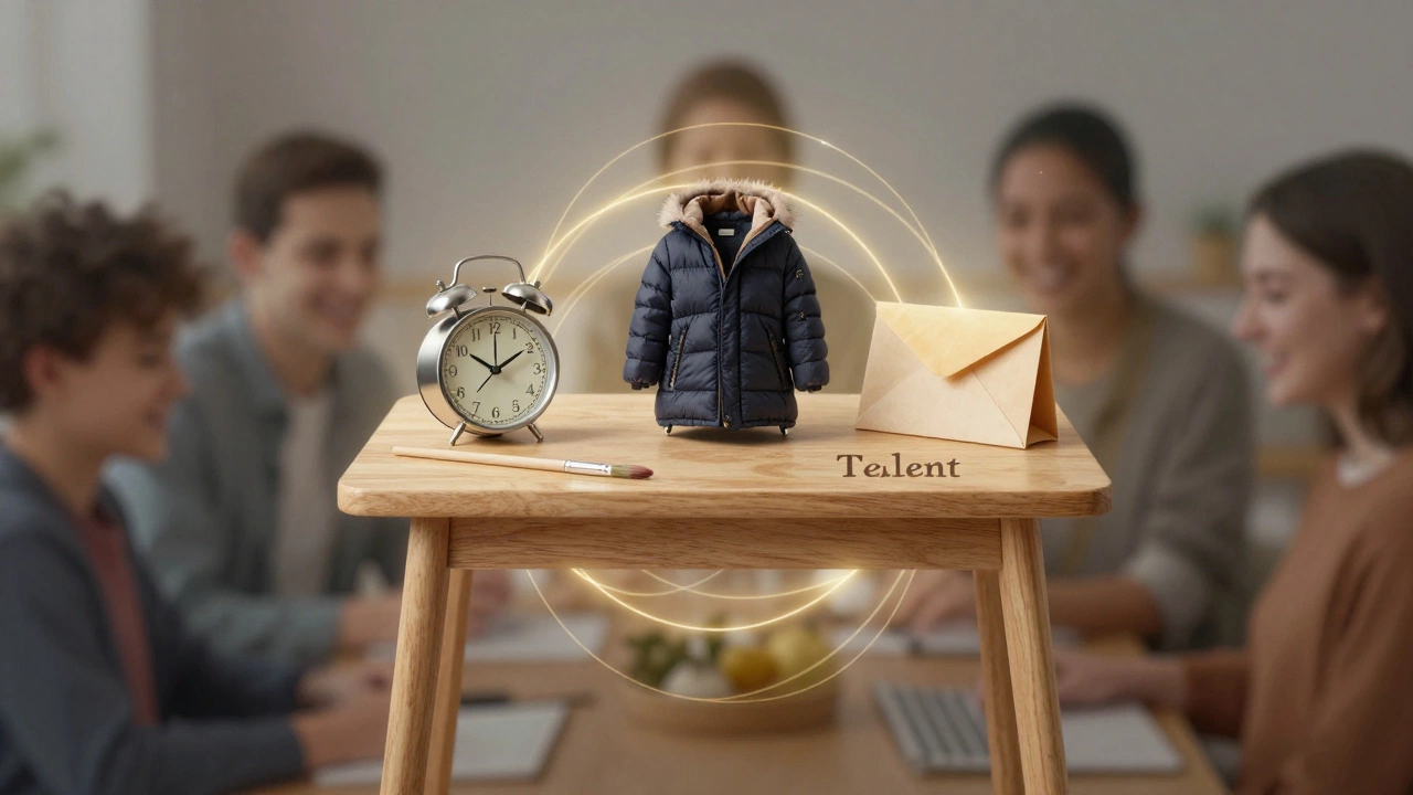 Symbolic representation of Time, Talent, and Treasure connected by golden threads in a community setting.